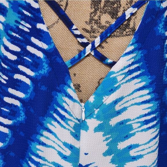 Ashley Stuart Blue Diamond Tie Dye V Neck Caftan Dress Cover Up Resort Cruise - Picture 8 of 8